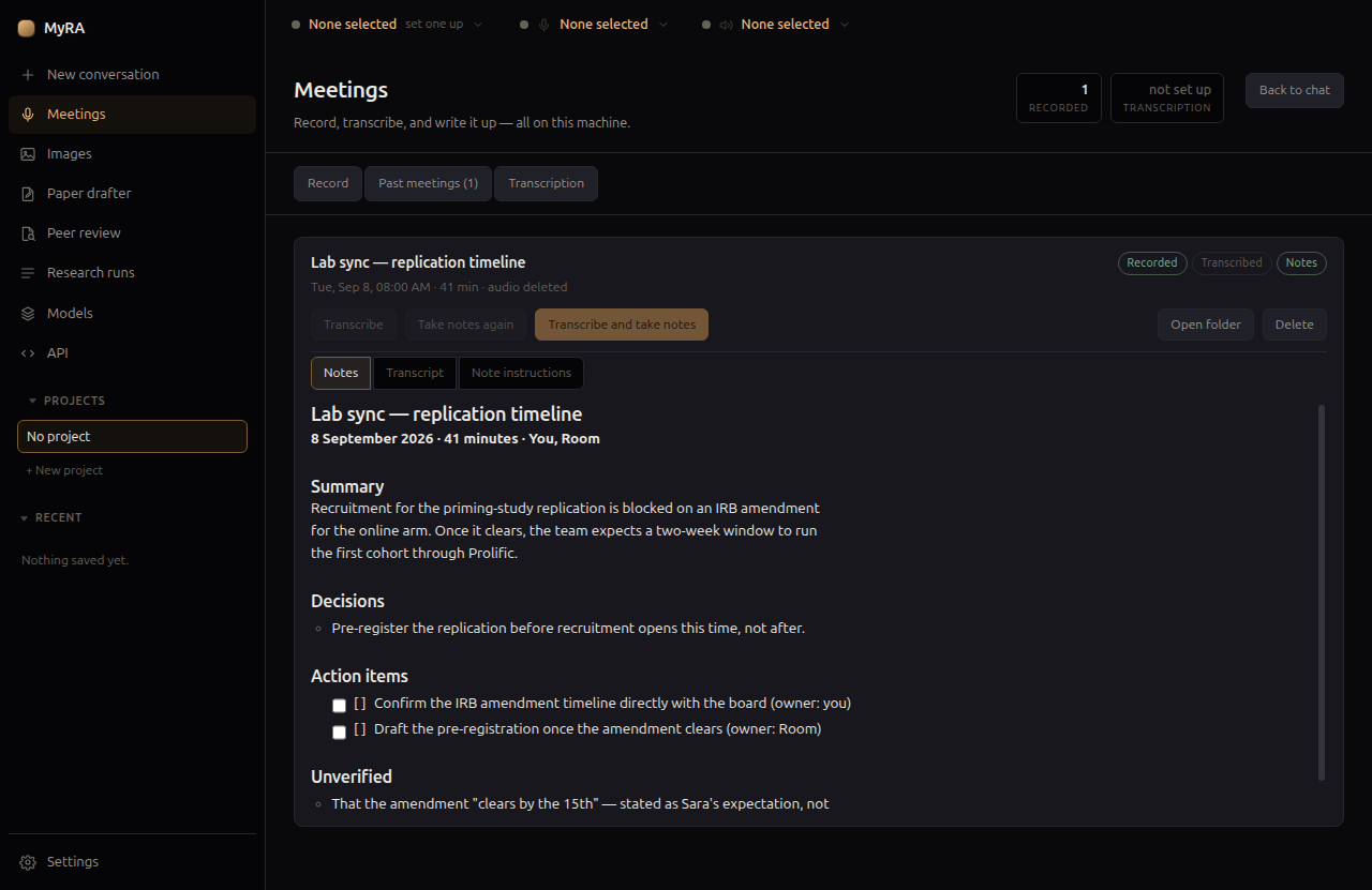 A meeting report, with a Decisions, Action items, and Unverified section