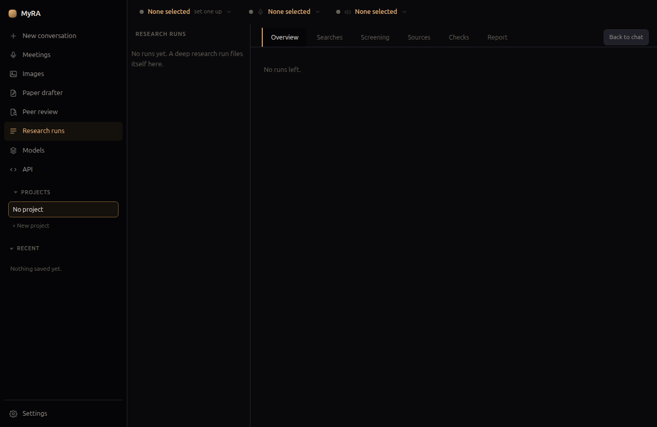 The Research runs page, showing the pipeline's stages