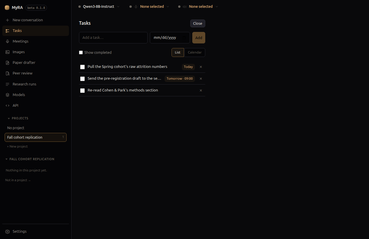 The Tasks page, in List view