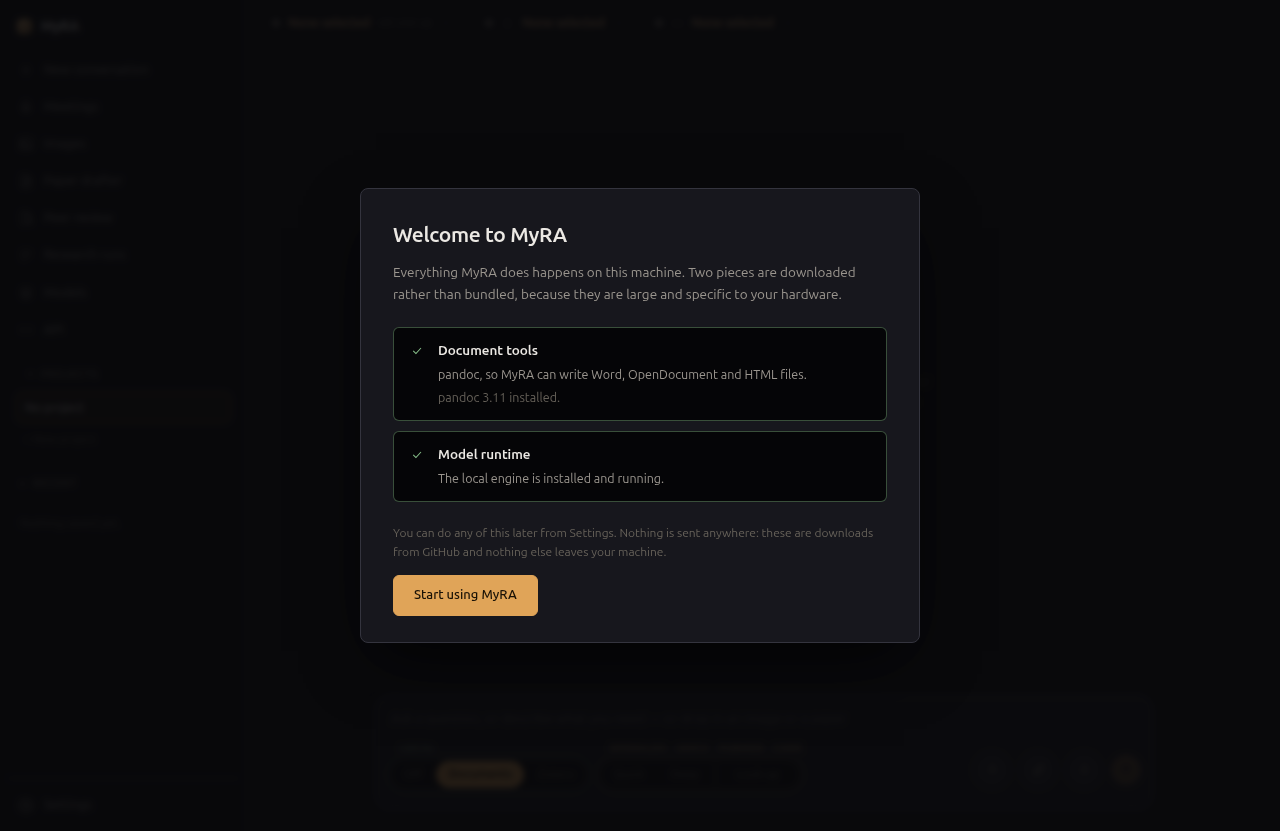 The welcome screen, checking for pandoc and a model runtime